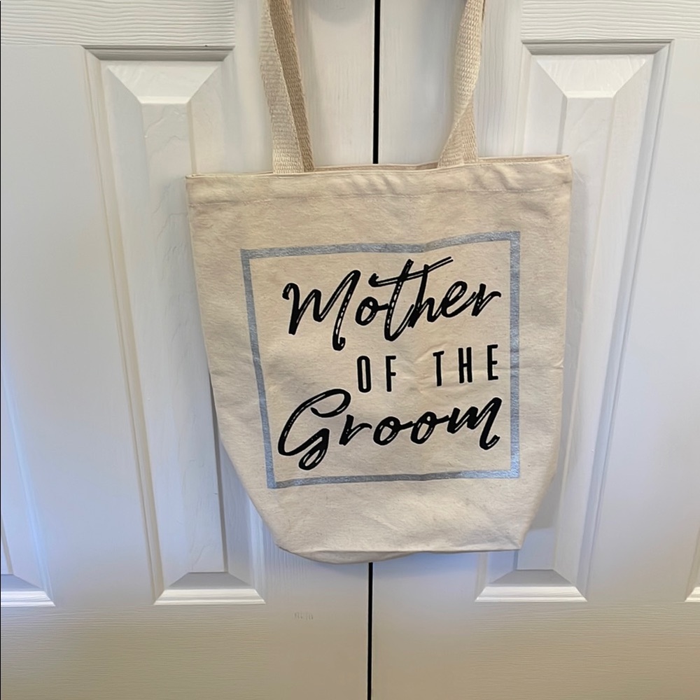 Mud Pie Cream Canvas 'Mother of the Groom' Tote with Black Text
